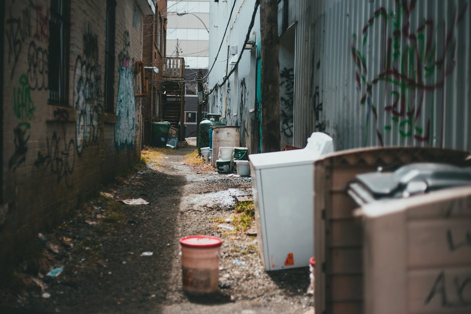 A narrow urban alleyway cluttered with various discarded cardboard boxes, some flattened and others still in their original shape, piled on both sides of the uneven pavement. The left side features gr